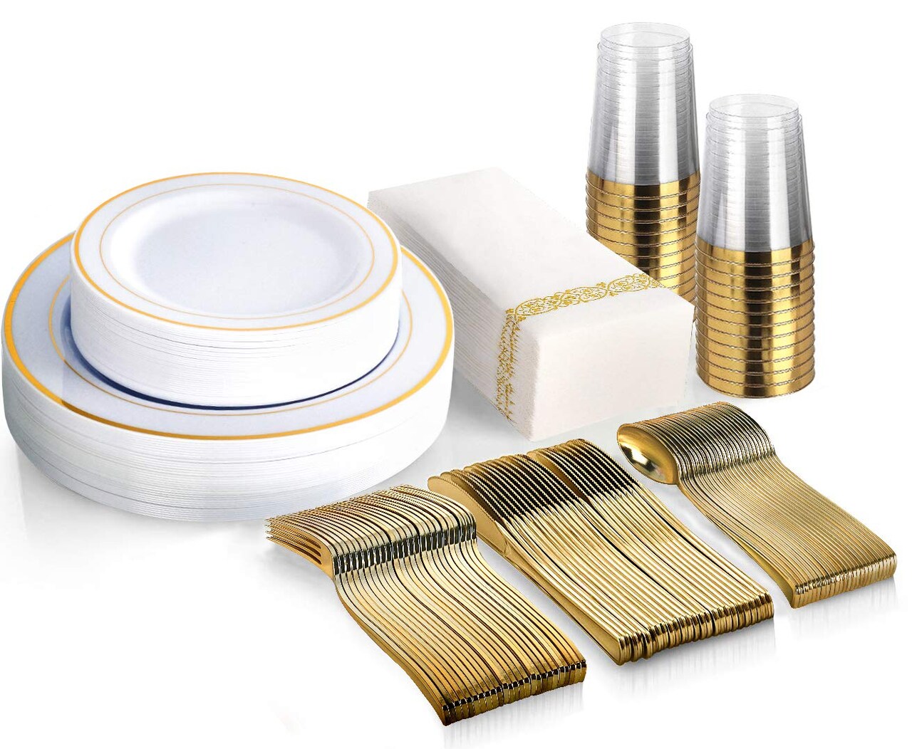 175 Piece Gold Dinnerware Set - 50 Gold Rim Plastic Plates - 25 Gold Plastic Silverware - 25 Gold Plastic Cups - 25 Gold Paper Napkins, 25 Guest Disposable Gold Dinnerware Set